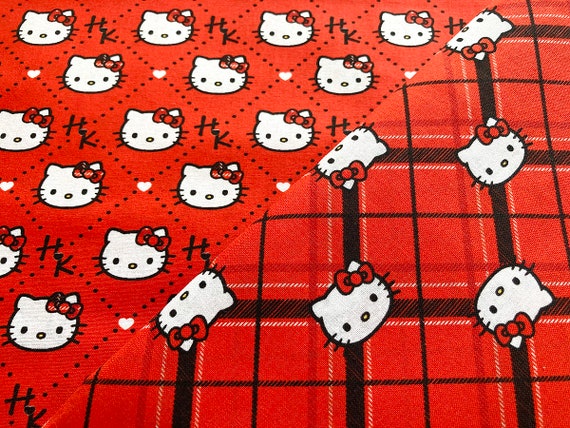 5604 - Hello Kitty Head Toss Heart Red Check Plaid Cotton Fabric