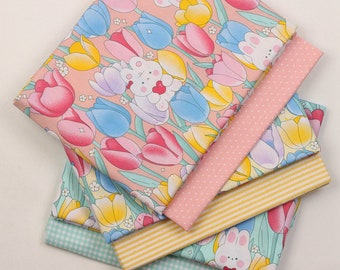 5592 - Kawaii Bunny Rabbit Toy Bear Flower Floral & Mini Dot Stripe Gingham Cotton Fabric - 62 Inch (Width) x 1/2 Yard (Length)