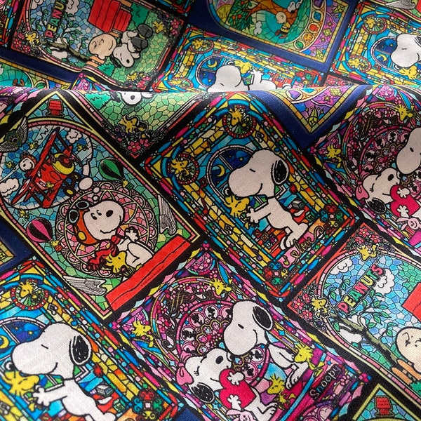 5346 - Peanuts Snoopy Mosaic Floral Stained Glass Window Art Cotton Fabric - 59 Inch (Width) x 1/2 Yard (Length)