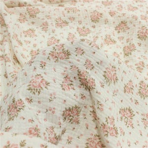 6461 - Pink Rose Flower Floral Dobby Weave Double Gauze Crinkled Muslin Crepe Cotton Fabric - 53 Inch (Width) x 1/2 Yard (Length)