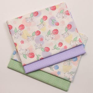 5771 - Rabbit Bunny Heart Flower Floral & Mini Polka Dot Cotton Fabric - 62 Inch (Width) x 1/2 Yard (Length)
