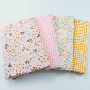 6248 - Kawaii Bunny Rabbit Flower Floral & Gingham Cotton Fabric - 62 Inch (Width) x 1/2 Yard (Length)