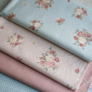 6289 - Cottage Chic Peony Rose Flower Floral & Mini Polka Dot Houndstooth Cotton Fabric - 62 Inch (Width) x 1/2 Yard (Length)