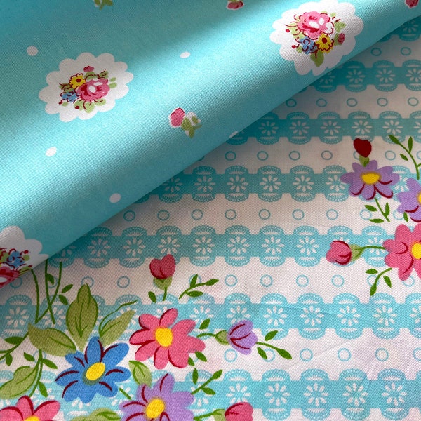 5927 - Cottage Chic Rose Flower Floral Polka Dot Stripe Cotton Fabric - 62 Inch (Width) x 1/2 Yard (Length)