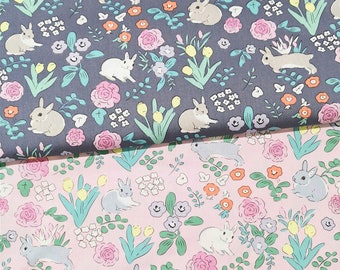 5223 - Bunny Rabbit Rose Tulip Floral Cotton Fabric - 62 Inch (Width) x 1/2 Yard (Length)