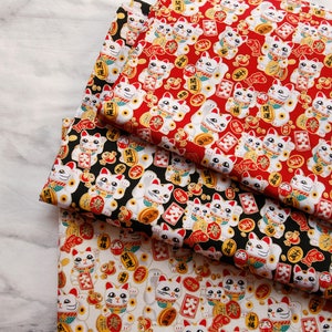 4904 - Japanese Kimono Maneki Neko Fortune Cat Bronzing Cotton Fabric - 55 Inch (Width) x 1/2 Yard (Length)