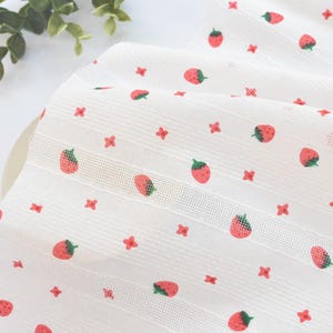 6267 - Red Strawberry Fruit Flower Floral Stripe Thin Cotton Fabric - 55 Inch (Width) x 1/2 Yard (Length)