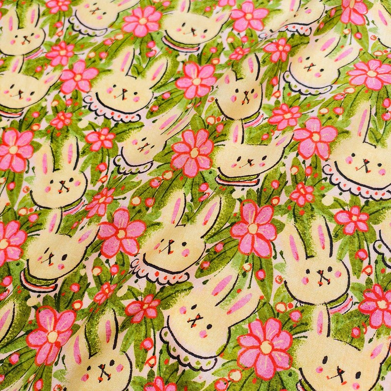 6010 - Rabbit Bunny Girl Flower Cotton Fabric - 57 Inch (width) X 1/2 ...