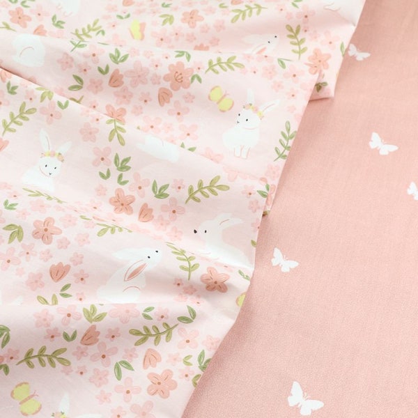 5843 - Kawaii Rabbit Butterfly Floral Cotton Fabric DIY Bedding Bed Sheet Duvet Cover - 92 Inch (Width) x 1/2 Yard (Length)