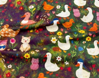 5870 - Duck Goose Cat Flower Cotton Fabric - 43 Inch (Width) x 1/2 Yard (Length)
