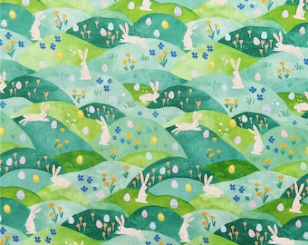 5854 - Running Rabbit Bunny Flower Poplin Cotton Fabric - 57 Inch (Width) x 1/2 Yard (Length)