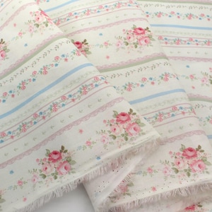 6412 - Cottage Chic Rose Flower Floral Lace Vertical Stripe Thin Cotton Fabric - 57 Inch (Width) x 1/2 Yard (Length)