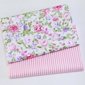 5699 - Cottage Chic Peony Rose Spring Floral Pink Stripe Cotton Fabric - 62 Inch (Width) x 1/2 Yard (Length)