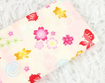 5773 - Japanese Kimono Goldfish Cherry Blossom Floral Slubbed Cotton Fabric - 43 Inch (Width) x 1/2 Yard (Length)