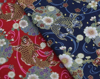 5414 - Japanese Kimono Carp Fish Goldfish Floral Bronzing Cotton Fabric - 55 Inch (Width) x 1/2 Yard (Length)