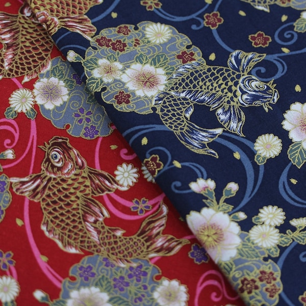 5414 - Kimono japonais, carpe, poisson, poisson rouge, tissu en coton bronzant floral - 55 pouces (largeur) x 1/2 yard (longueur)
