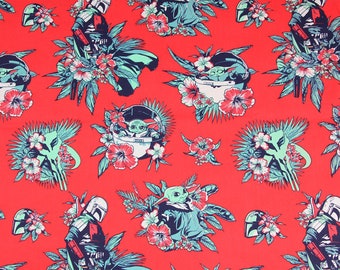 5452 - Star Wars Mandalorian Baby Yoda Hawaiian Hibiscus Tropical Floral Palm Leaf Cotton Fabric - 55 Inch (Width) x 1/2 Yard (Length)