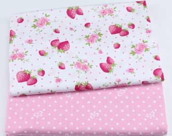 5107 - Strawberry Fruit Floral Polka Dot Bowknot Cotton Fabric - 62 Inch (Width) x 1/2 Yard (Length)