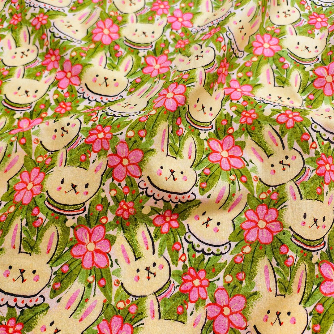 6010 - Rabbit Bunny Girl Flower Cotton Fabric - 57 Inch (width) X 1/2 ...