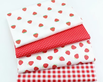 5476 - Kawaii Strawberry Fruit & Polka Dot Gingham Cotton Fabric - 62 Inch (Width) x 1/2 Yard (Length)