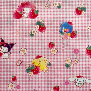 May include: Pink and white gingham fabric with a repeating pattern of cartoon characters, strawberries, and flowers. The characters include a yellow dog, a black cat, and a pink rabbit.