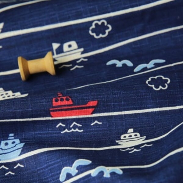 3328 - Japanese Boat Seagull Cloud Stripes Slubbed Cotton Fabric - 59 Inch (Width) x 1/2 Yard (Length)