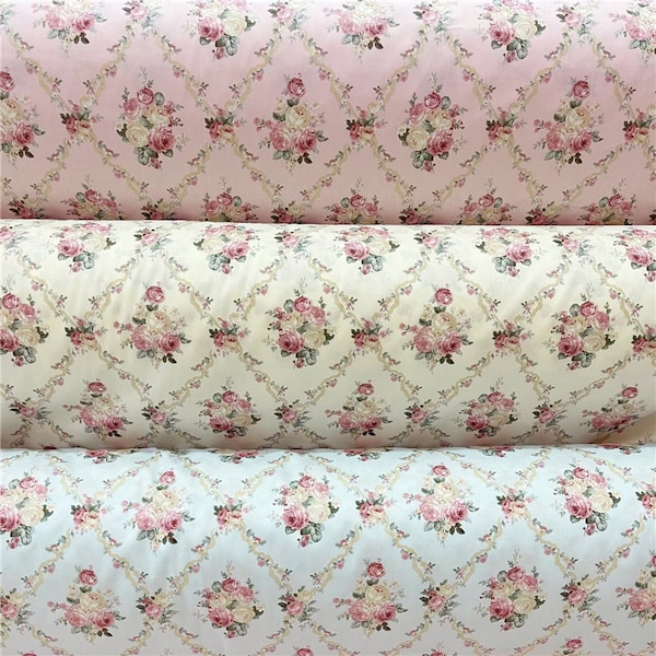 5879 - Cottage Chic Rose Flower Floral Cotton Fabric - 62 Inch (Width) x 1/2 Yard (Length)