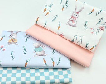 5893 - Chic Rabbit Bunny Carrot Flower Floral & Square Cotton Fabric - 62 Inch (Width) x 1/2 Yard (Length)