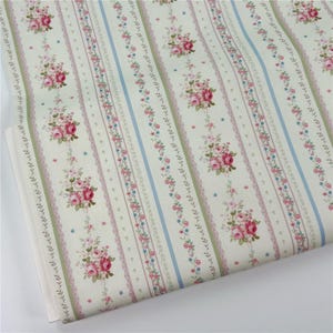 5908 - Cottage Chic Rose Flower Floral Lace Vertical Stripe Cotton Fabric - 43 Inch (Width) x 1/2 Yard (Length)
