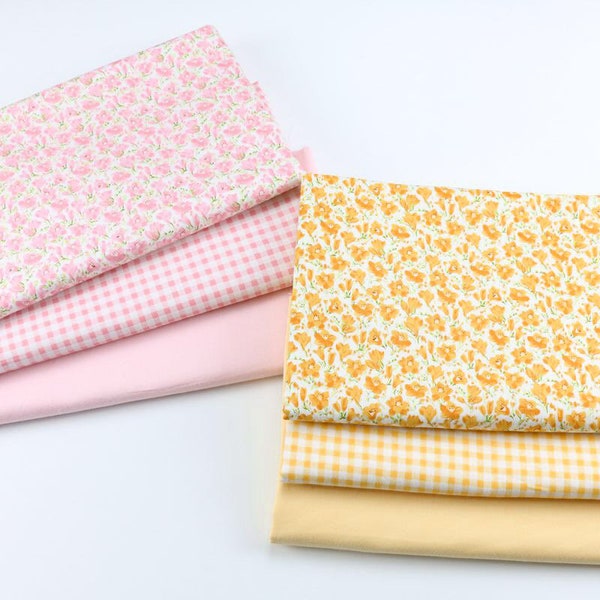 4640 - Small Pink Yellow Green Flower Floral & Gingham Cotton Fabric - 62 Inch (Width) x 1/2 Yard (Length)