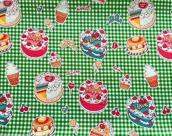 6077 - Kawaii Cake Cupcake Pudding Ice-cream Cone Lollipop Cherry Green Gingham Cotton Fabric - 43 Inch (Width) x 1/2 Yard (Length)