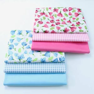 6247 - katoenen stof roze blauwe bloem bloemen en gingham - 62 inch (breedte) x 1/2 meter (lengte)