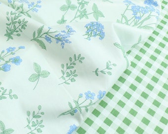 5974 - Chic Blue Flower Floral & Gingham Cotton Fabric DIY Bedding Bed Sheet Duvet Cover - 92 Inch (Width) x 1/2 Yard (Length)