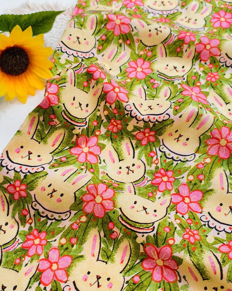 6010 - Rabbit Bunny Girl Flower Cotton Fabric - 57 Inch (width) X 1/2 ...