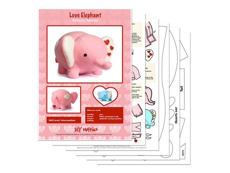 Patrón de costura pdf de peluche Love Elephant imagen 5