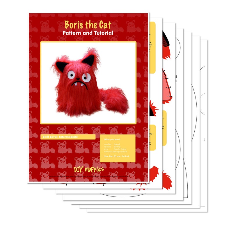 Molde do bicho de pelúcia Boris, o gato vermelho em PDF - tutorial de costura com pele sintética imagem 3
