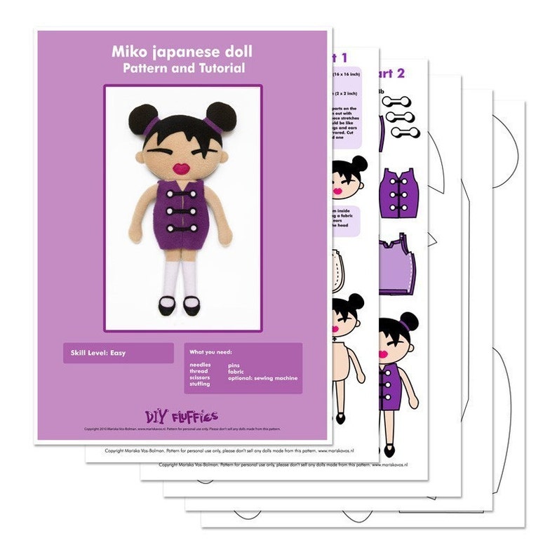 Cloth doll fleece sewing pattern Miko japanese rag doll image 3