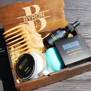 Personalized Beard Grooming Set for Men Custom Wooden Beard Comb Beard Oil Beard Balm Beard Soap in Engraved Box Ideal Gift for Bearded Men