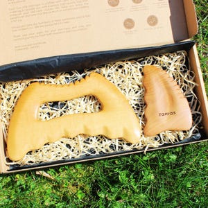 Set de masaje Gua Sha: herramientas de madera hechas a mano para rostro, cuello y cuerpo. Drenaje linfático. Cuidado de la piel antienvejecimiento. Regalo para ella. ZamasmelWood.