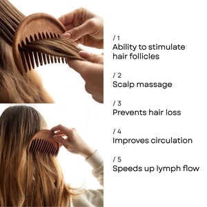 May include: A wooden comb with wide teeth is being used to comb a person's hair. The comb is designed to stimulate hair follicles, massage the scalp, prevent hair loss, improve circulation, and speed up lymph flow.