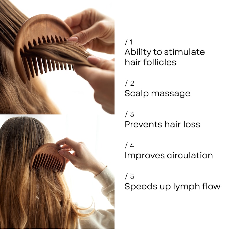 May include: A wooden comb with wide teeth is being used to comb a person's hair. The comb is designed to stimulate hair follicles, massage the scalp, prevent hair loss, improve circulation, and speed up lymph flow.