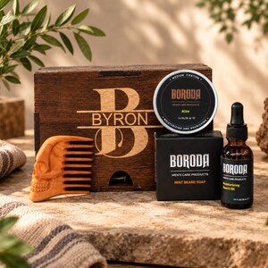 Personalized Beard Grooming Kit, Wooden Beard Comb with Oil Balm and Soap, Engraved Gift Box for Him, Husband Beard Gift