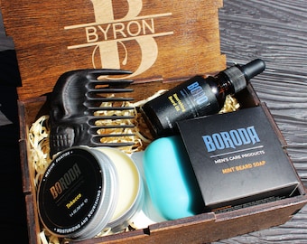 Custom Men Grooming Gift Set Wooden Beard Comb Gifts for Men Gifts for Him Men Care Package Gift Box for Men Beard Grooming Kit Skull Comb