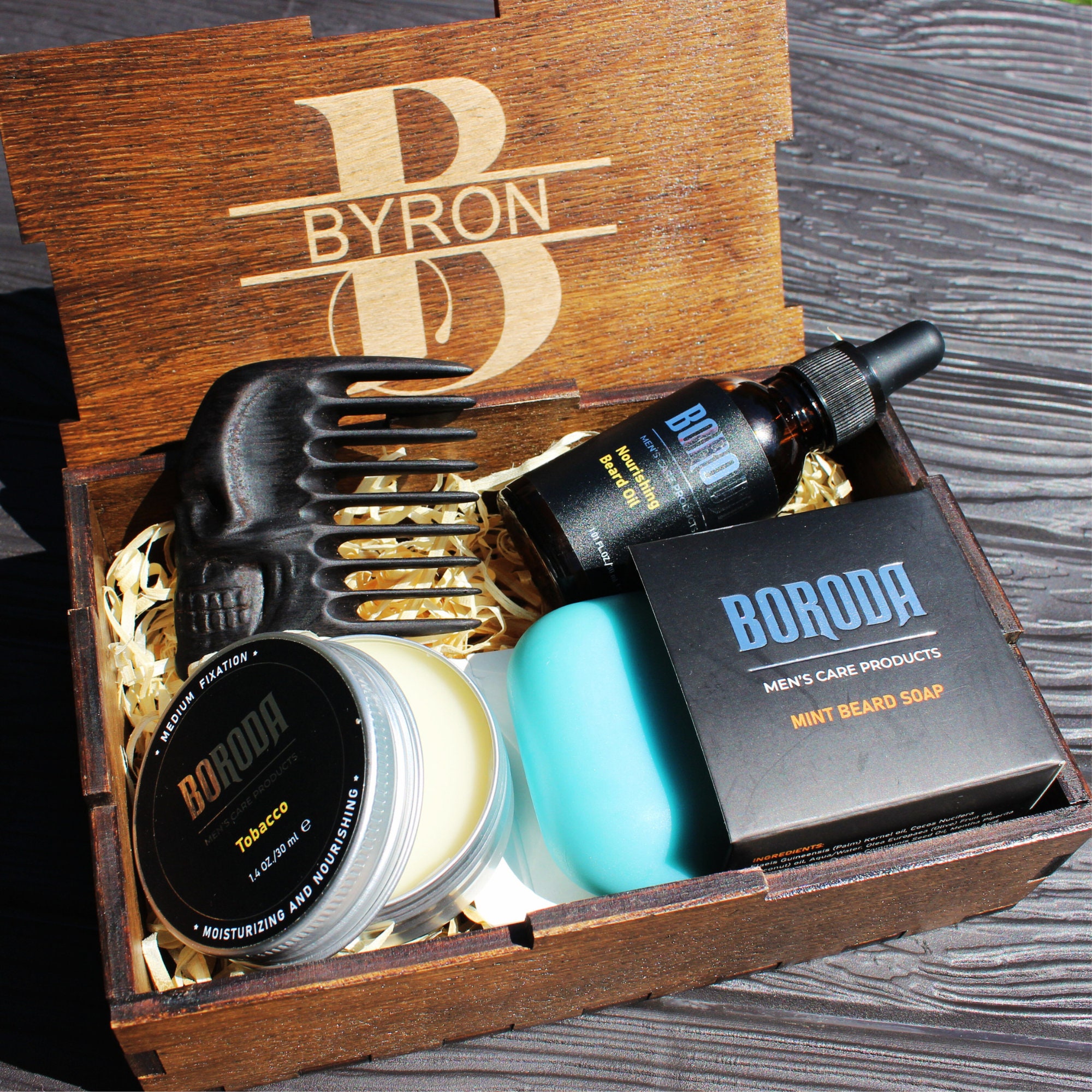Custom Men Grooming Gift Set Wooden Beard Comb Gifts for Men Gifts for Him Men Care Package Gift Box for Men Beard Grooming Kit Skull Comb