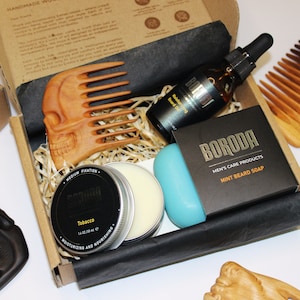 Personalized Beard Care Gift Set Wooden Beard Comb Beard Oil Beard Balm Beard Soap Custom Grooming Kit for Him Gift for Him Beard Care Set