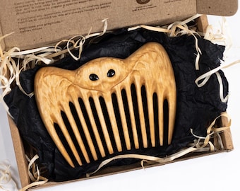 Peine de madera hecho a mano para mujer, peine de pera natural, dientes anchos, antiestático, regalo personalizado, cuidado del cabello ecológico, peine de madera, peine de hueso (búho)