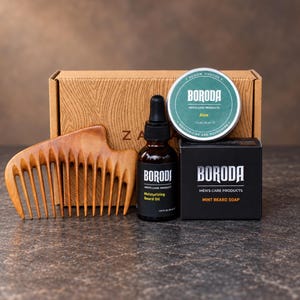 Kit de iniciación para el cuidado de la barba, peine personalizado de madera de peral o nogal con aceite, bálsamo y jabón para barba, caja de regalo para hombre barbudo.