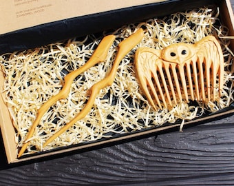 Boho Wooden Hair Comb & Stick Set – Natural Hair Accessories for Women – Eco-Friendly Gift – Rustic Hair Tools – Handmade Gift Idea Zamasmel