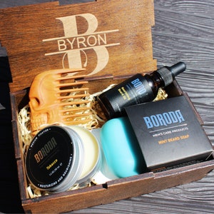 Personalized Beard Grooming Kit Wooden Beard Comb Beard Oil  Beard Balm Beard Soap Custom Gift for Him Spa Gift Box for Him Beard Brush