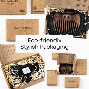 K&ouml;nnte beinhalten: Verschiedene braune Kartons mit dem Aufdruck "ZAMASMEL WOOD". Sie enthalten Holzk&auml;mme, pr&auml;sentiert mit dekorativem Stroh und schwarzem Seidenpapier. Der Text "Eco-friendly Stylish Packaging" ist ebenfalls zu sehen.
